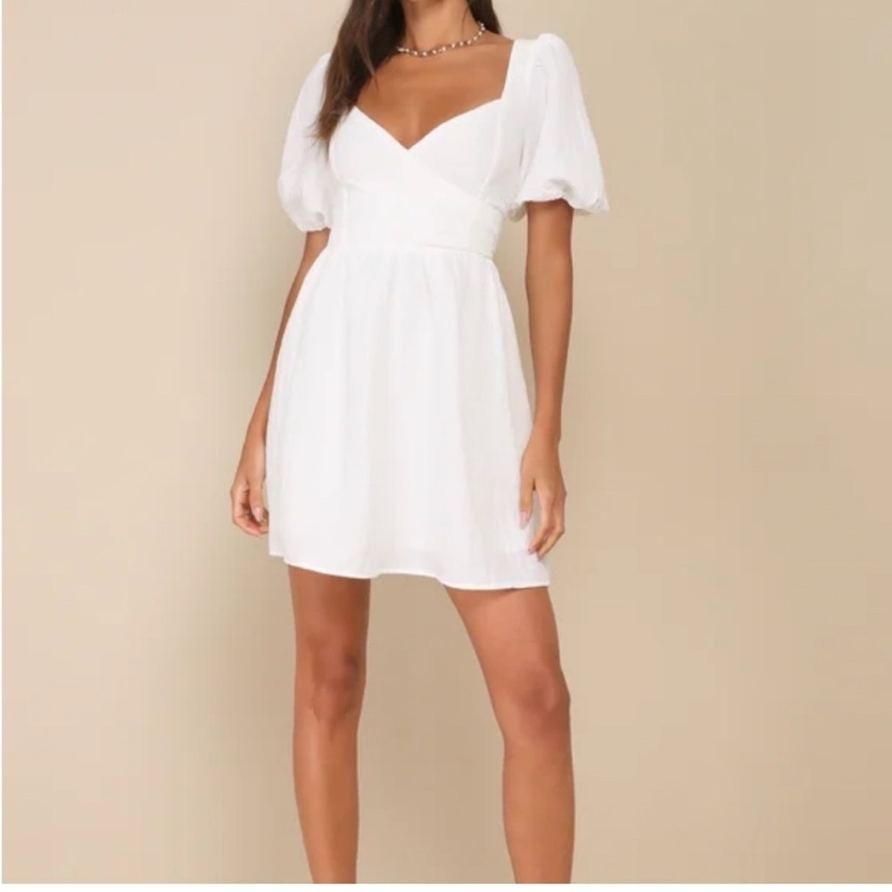 Lulus Little Bit In Love White Surplice Puff Sleeve Mini Dress Size Medium Brida
